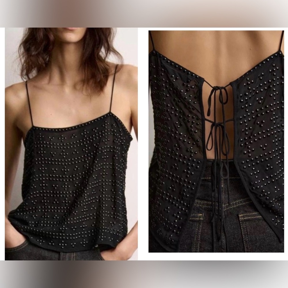 ZARA Sheer Studded Lace-Up Back Camisole Top Black | Sexy Night Out Party Top M